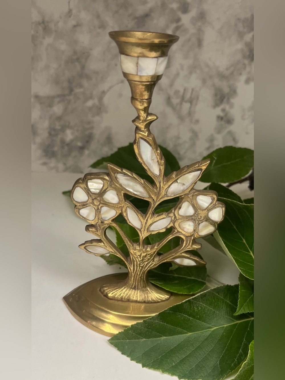 Vintage Tree of Life Brass & Mother of Pearl Candlestick Holder